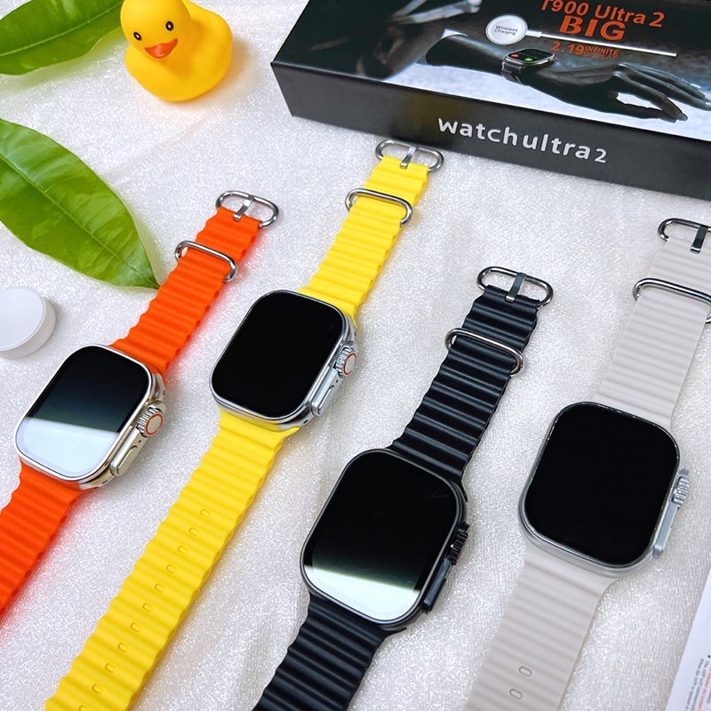 Ultra  smartwatches feature a sleek, rectangular display and vibrant silicone ocean bands.
