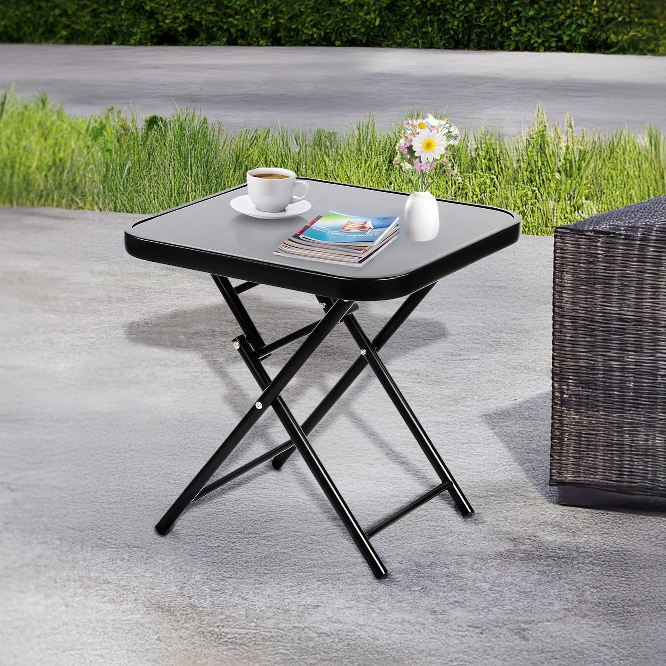 Marco Paul 40cm Black Glass Side Table Garden Furniture For Indoors And Outdoor Furniture Camping Tables That Fold Up Ideal Folding Garden Tables Small