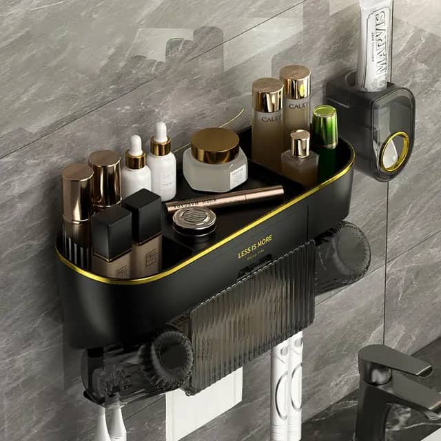 Multifunctional Wall-Mounted Toothbrush Holder and Bathroom Storage Caddy.