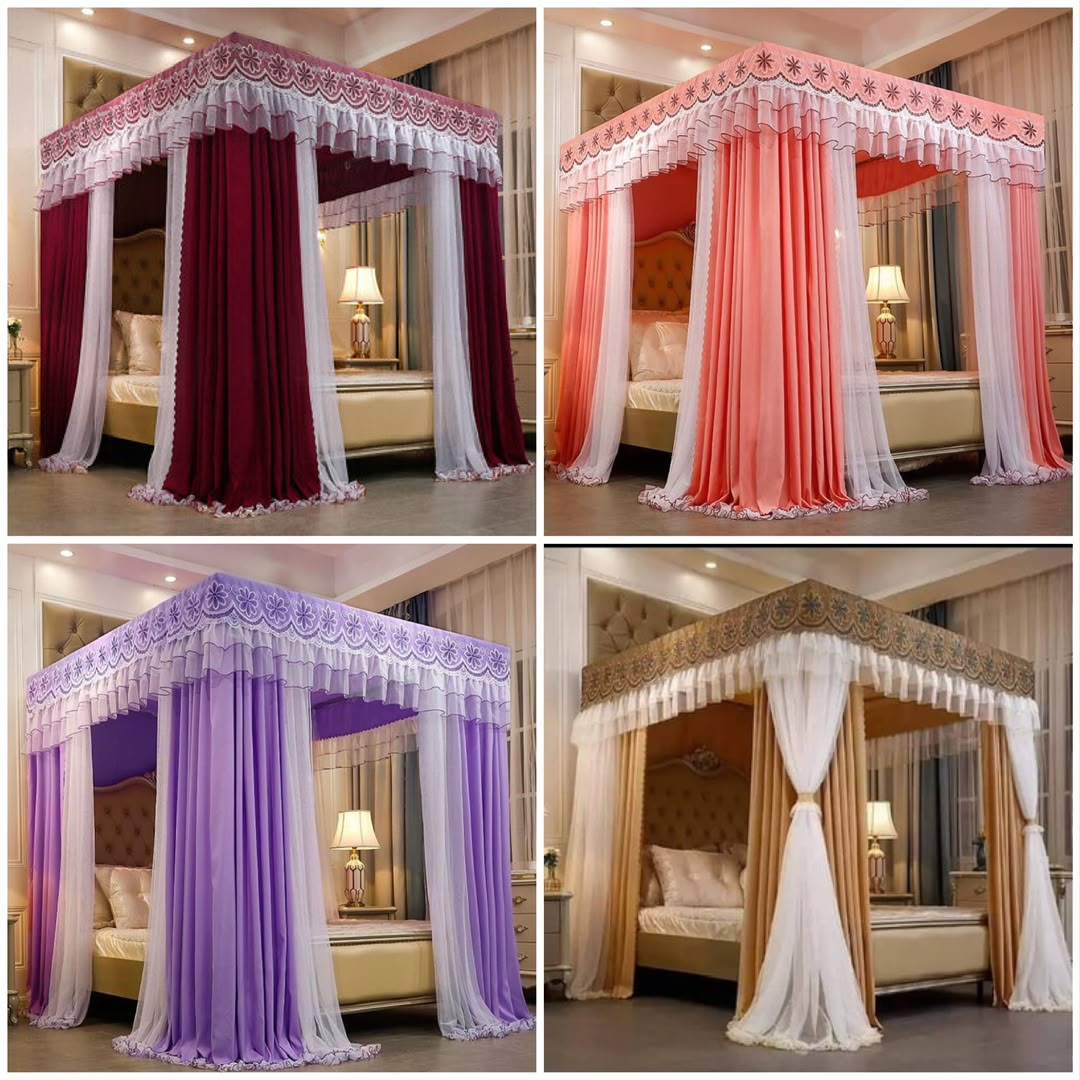 Luxurious double-layer four-poster bed canopy curtain and mosquito net set