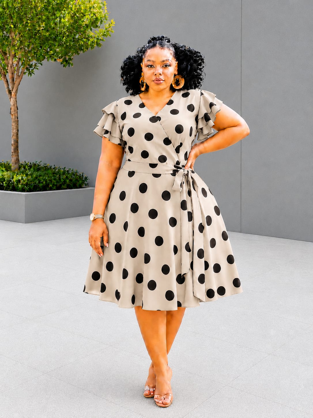 Polka dot wrap-style midi dress