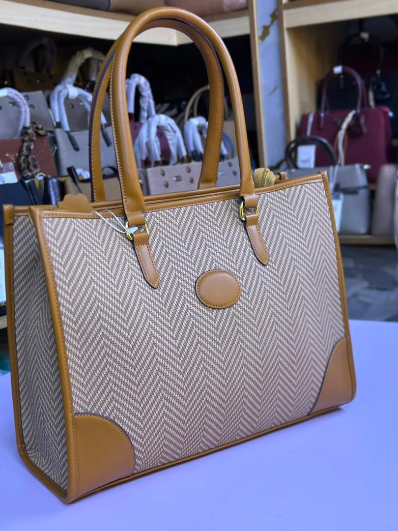 herringbone canvas and leather tote bag