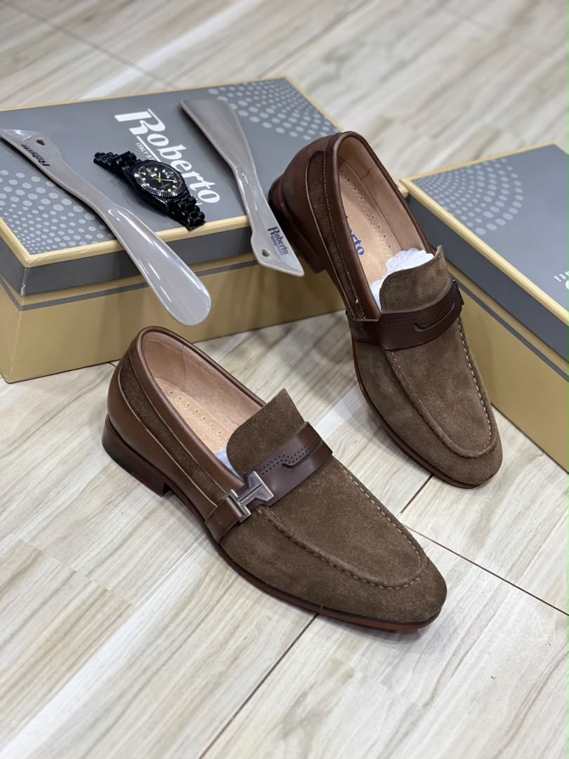 Brown suede penny loafers