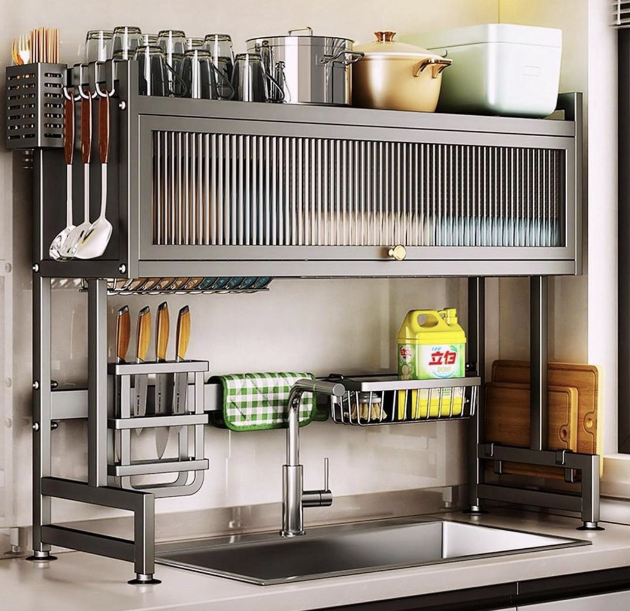 Over the sink multi tiered dish draining rack-single tier