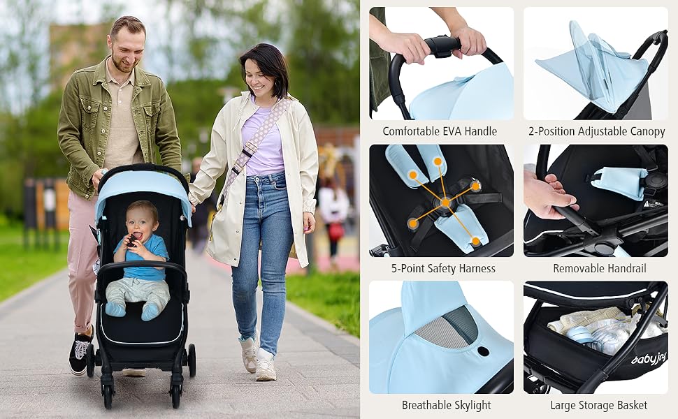 Lightweight Baby Stroller, Compact Travel Stroller for Airplane, Infant Toddler Stroller w/Adjustable Backrest & Canopy, Storage Basket, Self...